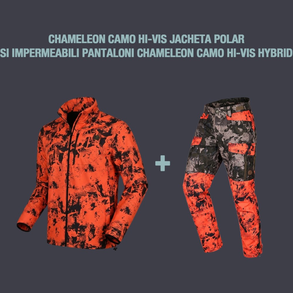 JACHETA POLAR CU MEMBRANA WINDBLOCK CHAMELEON HI-VIS CAMO CU PANTALONI IMPERMEABILI CHAMELEON CAMO HI-VIS HYBRID