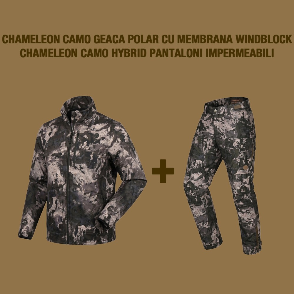 JACHETA POLAR CU MEMBRANA WINDBLOCK CHAMELEON CAMO CU PANTALONI IMPERMEABILI CHAMELEON CAMO HYBRID